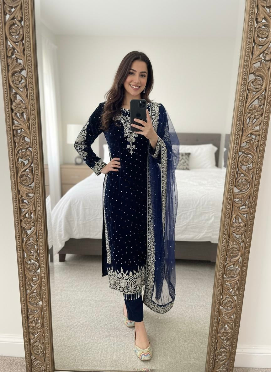 Ethenika Moti Work Designer Ready to Wear Velvet Kurti Pant Dupatta Set