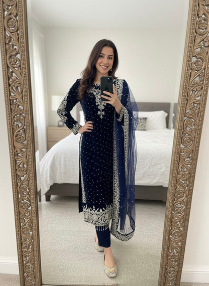 Ethenika Moti Work Designer Ready to Wear Velvet Kurti Pant Dupatta Set