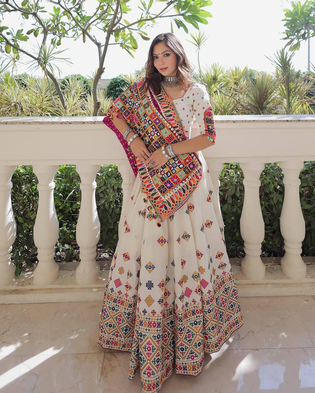 Muslin Digital Print With Mirror Work White Concept Navratri Special Designer Chaniya Choli