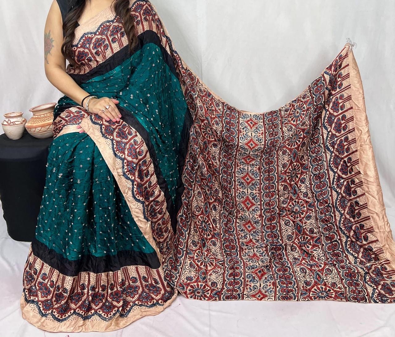 Pure Modal Silk Ajrakh Block Print with Bandhani Work Saree