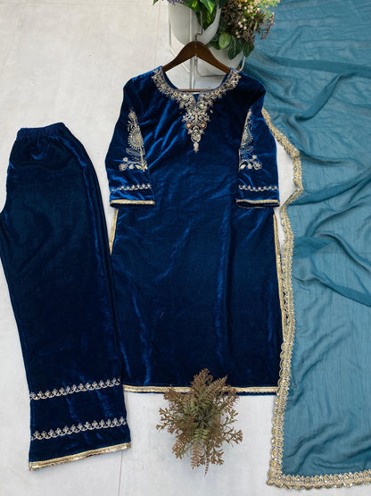 Sequence Coding Work Winter Special Designer Velvet Kurti Pant Dupatta Set (Ready to Wear)