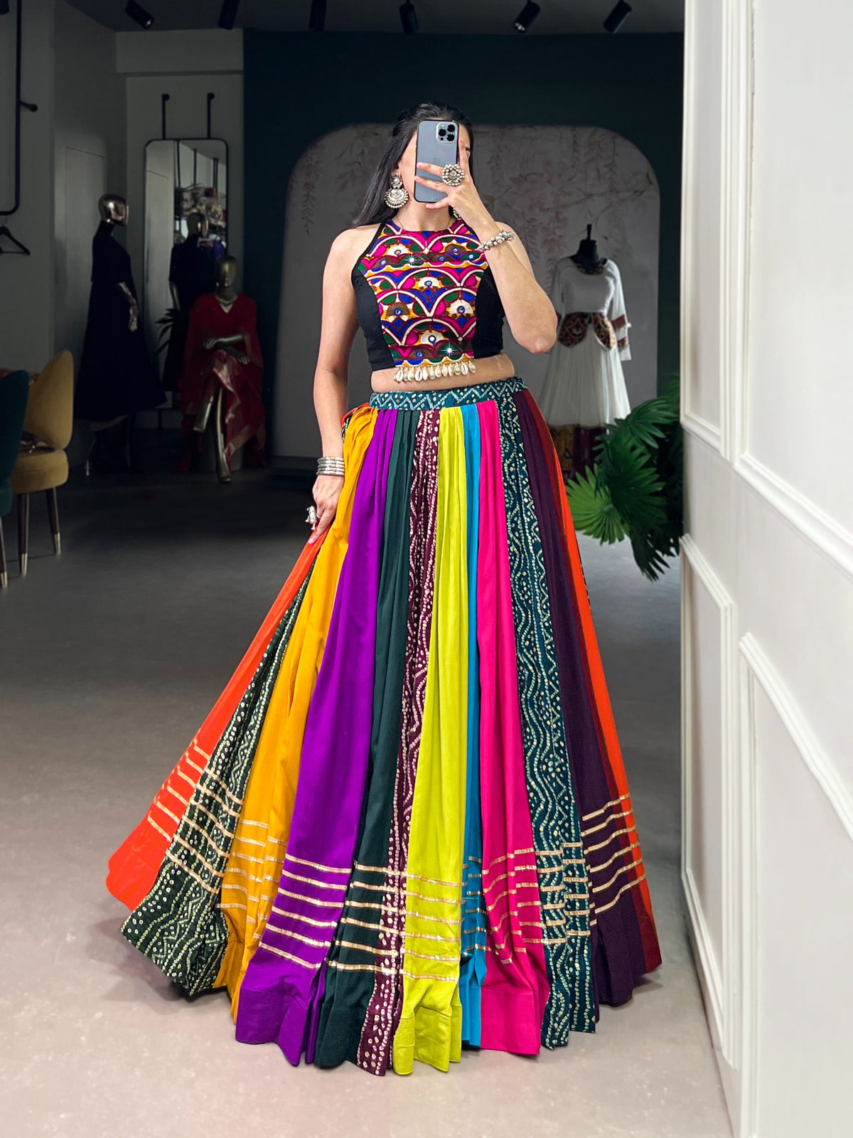 Rayon multicolor Lehenga Choli with mirror work blouse