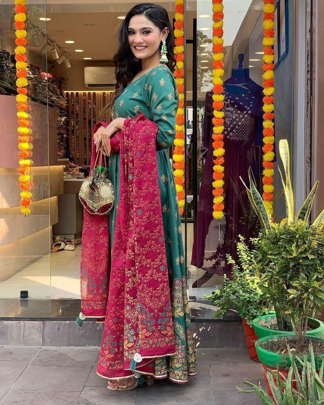 Roman Silk Foil Work Kurti Pant Dupatta Set (Stitched) - Premium  from Ethenika.com  - Just INR 2990! Shop now at Ethenika.com 