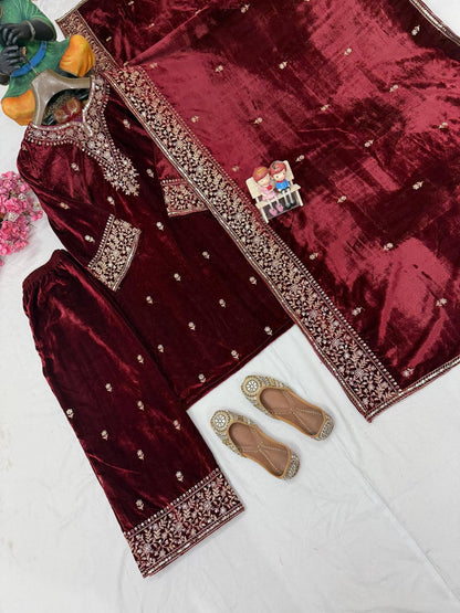 Ethenika Designer Embroidery Work Velvet Kurti Pant Dupatta Set (Ready to Wear)