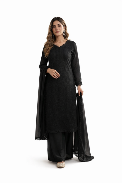 Faux Georgette Chikankari Kurti Palazzo Set