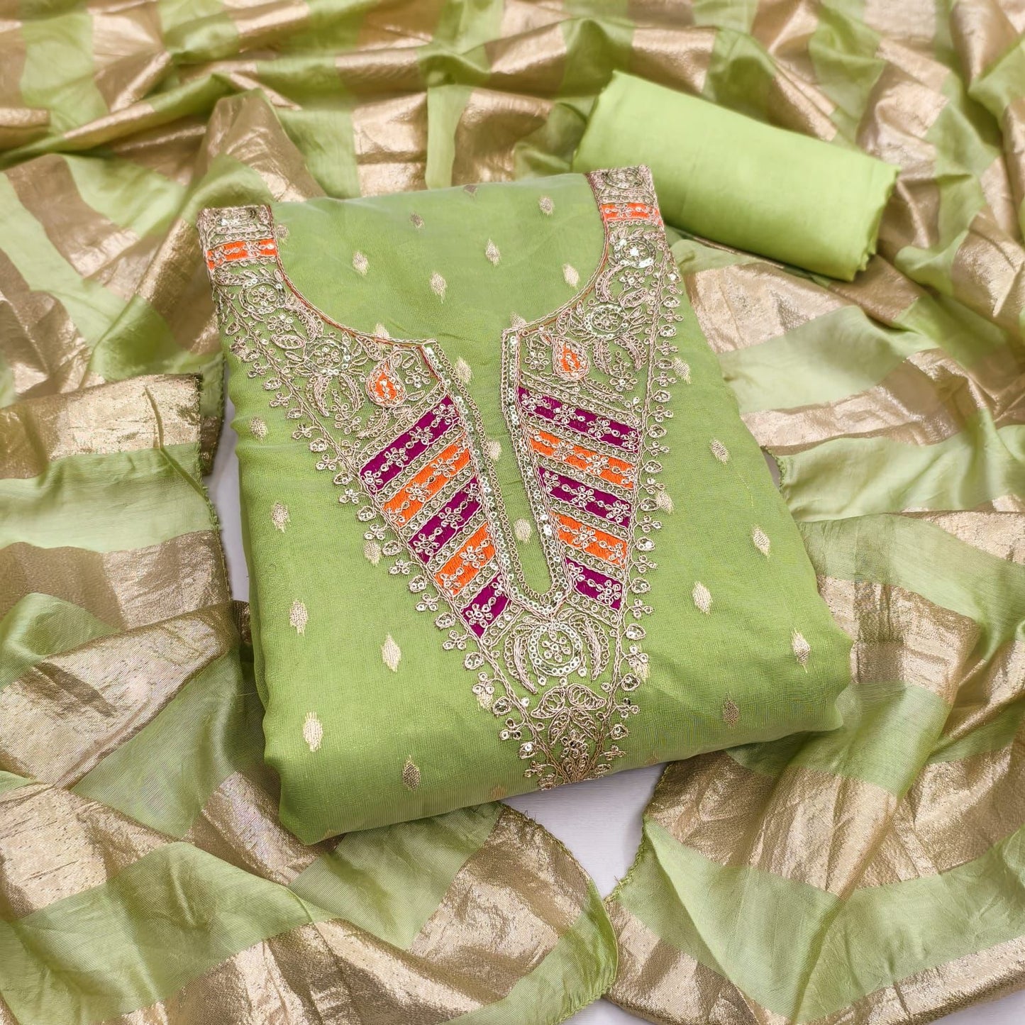 Shimmer Silk Neck Embroidery Work Unstitched Dress Material