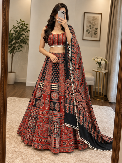 Rayon printed Chaniya Choli with kodi lace for Navratri - front view