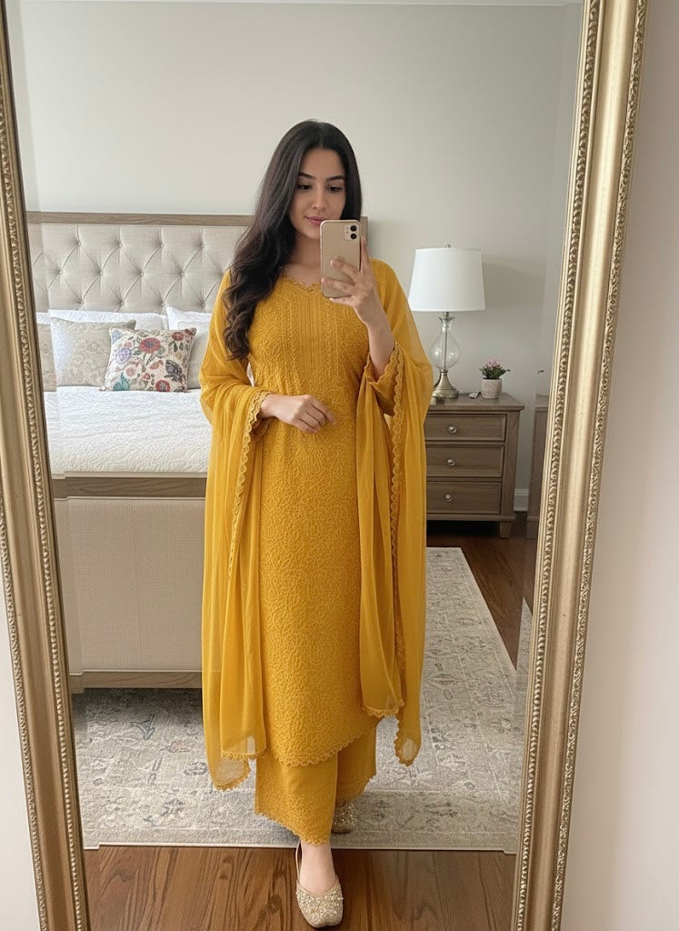 Faux Georgette Chikankari Kurti Palazzo Dupatta Set