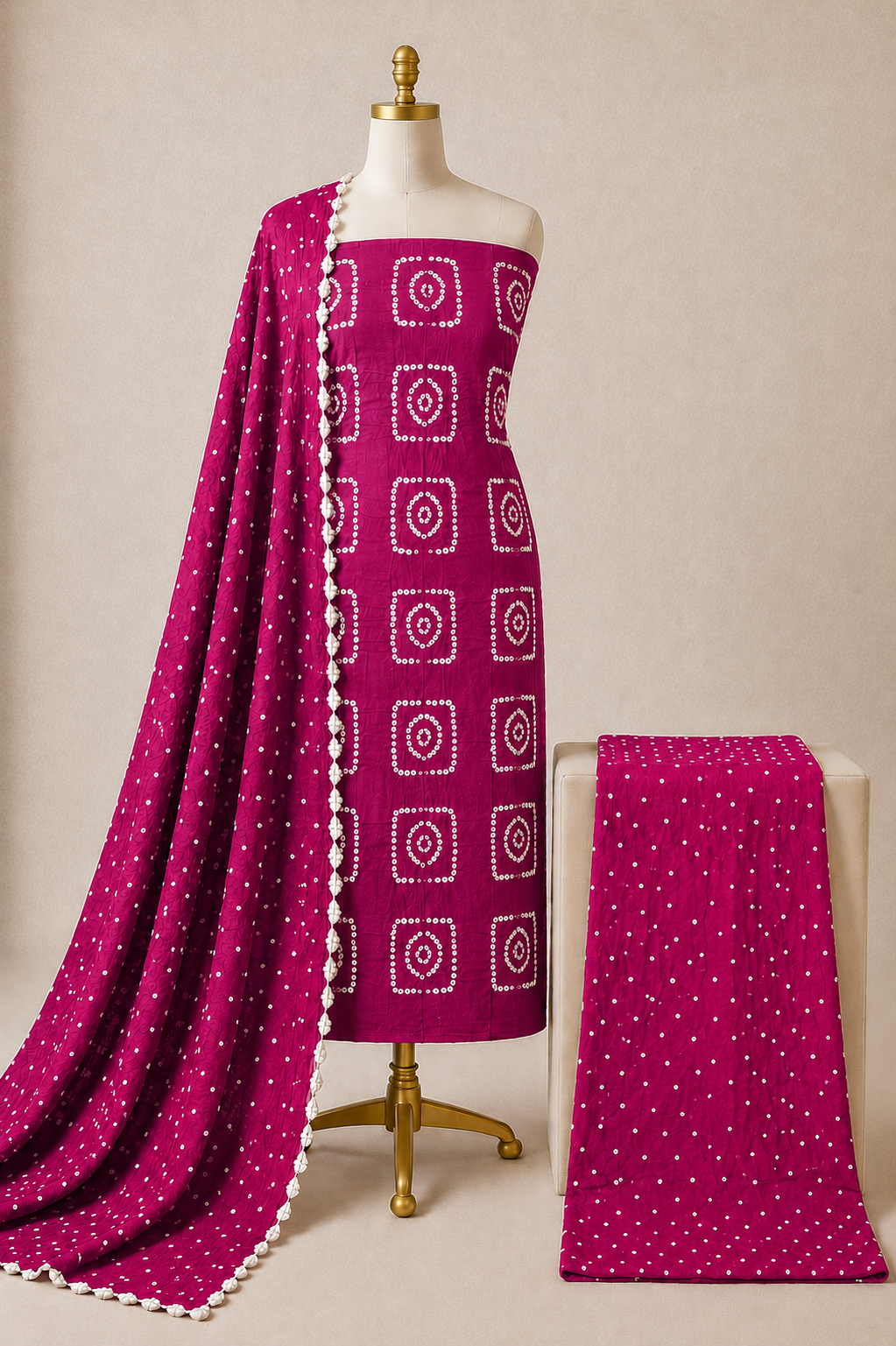 Cotton Satin Self Color Kutch 3Pc Unstitched Bandhani Dress Material