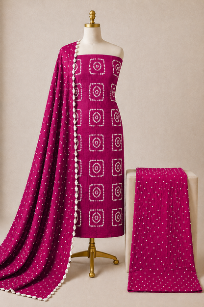 Cotton Satin Self Color Kutch 3Pc Unstitched Bandhani Dress Material