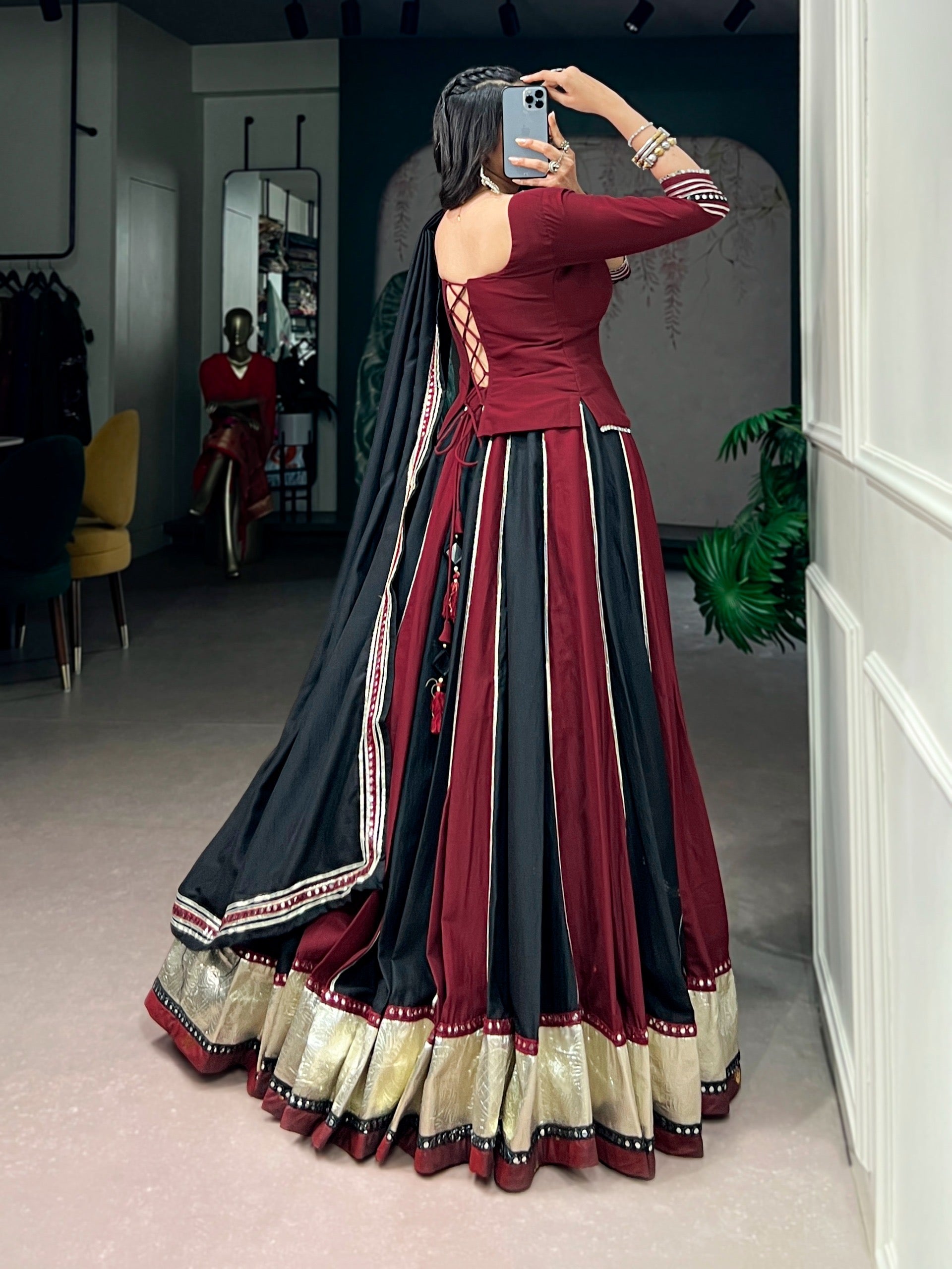 Designer Chinon golden patta work Chaniya Choli for Navratri - full set with mirror lace