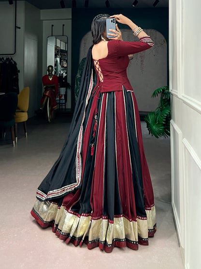 Designer Chinon golden patta work Chaniya Choli for Navratri - full set with mirror lace