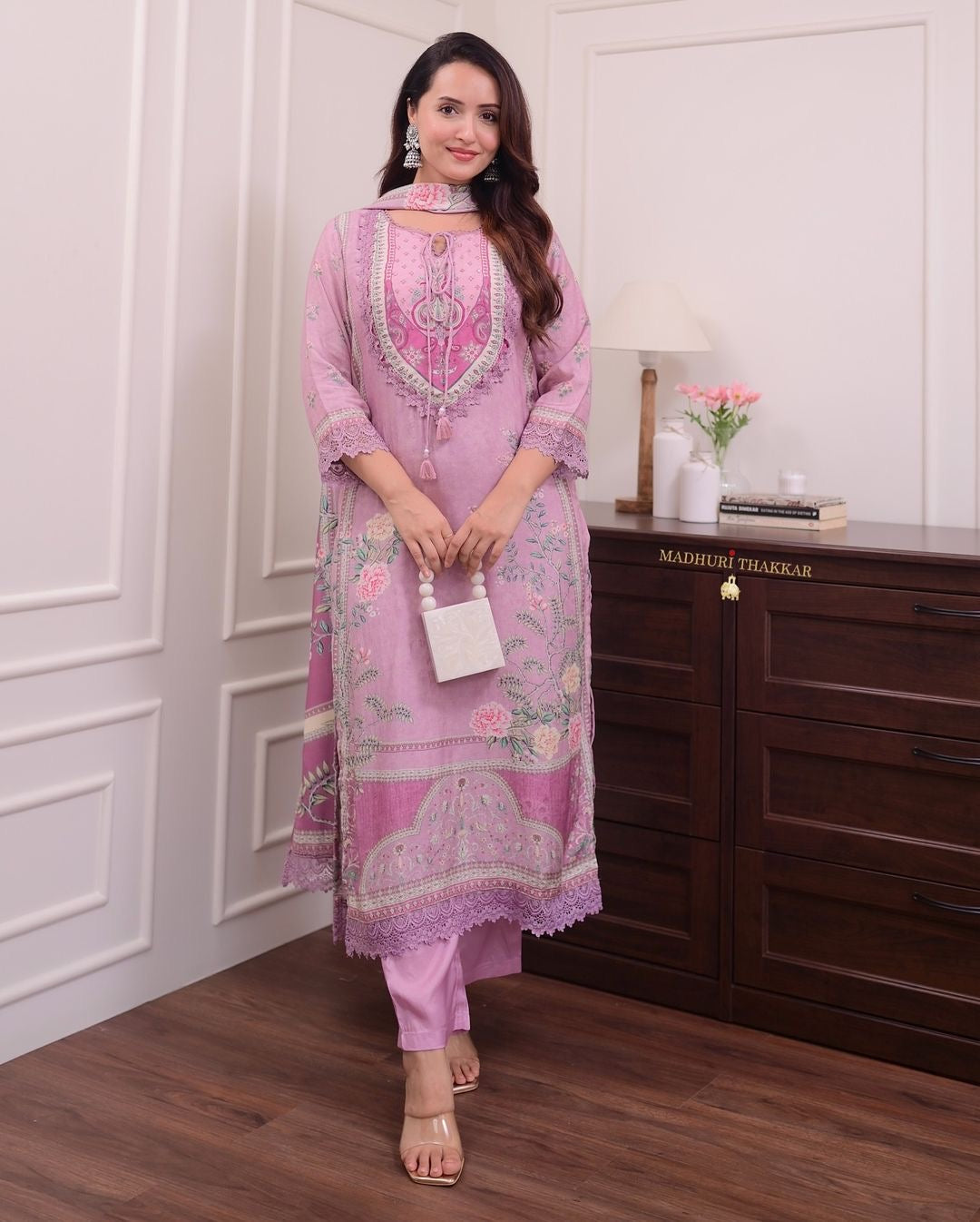 Lilac Muslin Floral Digital Printed Pakistani Kurti Pant Dupatta Set - Premium  from Ethenika.com - Just INR 2490! Shop now at Ethenika.com 