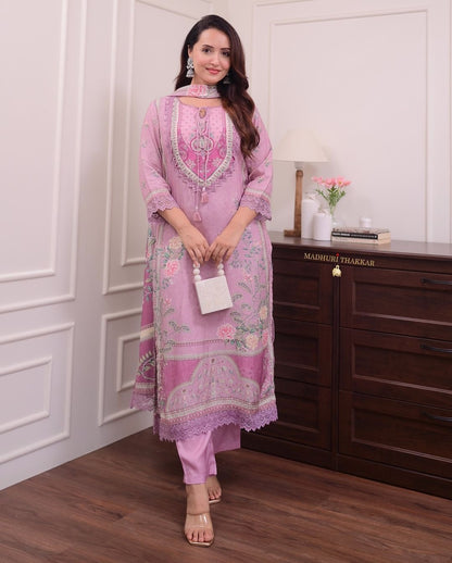 Lilac Muslin Floral Digital Printed Pakistani Kurti Pant Dupatta Set - Premium  from Ethenika.com  - Just INR 2490! Shop now at Ethenika.com 