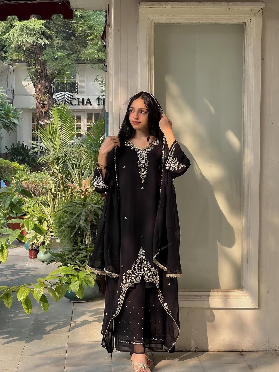 Faux Georgette Designer Ready Wear Kurti Pallazo Dupatta Set