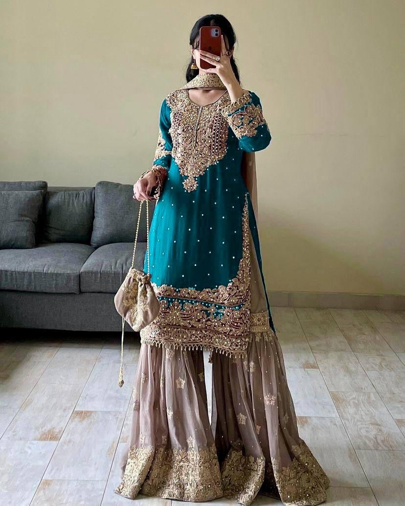 Real mirror Embroidery work Kurti Sharara Dupatta set - Premium  from Ethenika.com  - Just INR 3990! Shop now at Ethenika.com 