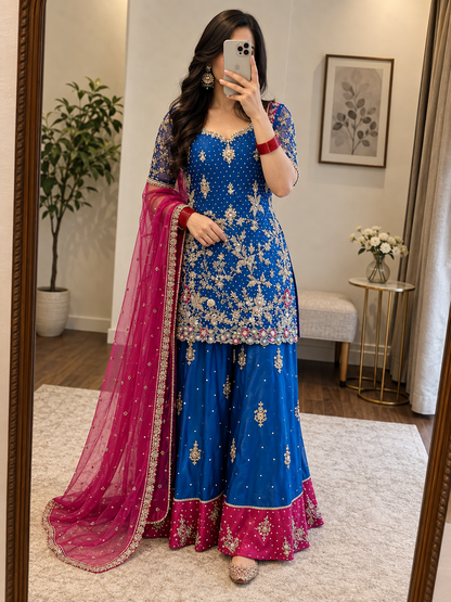 Georgette Sequence Embroidery Work Designer Kurti Sharara Dupatta Set (Ready To Wear)