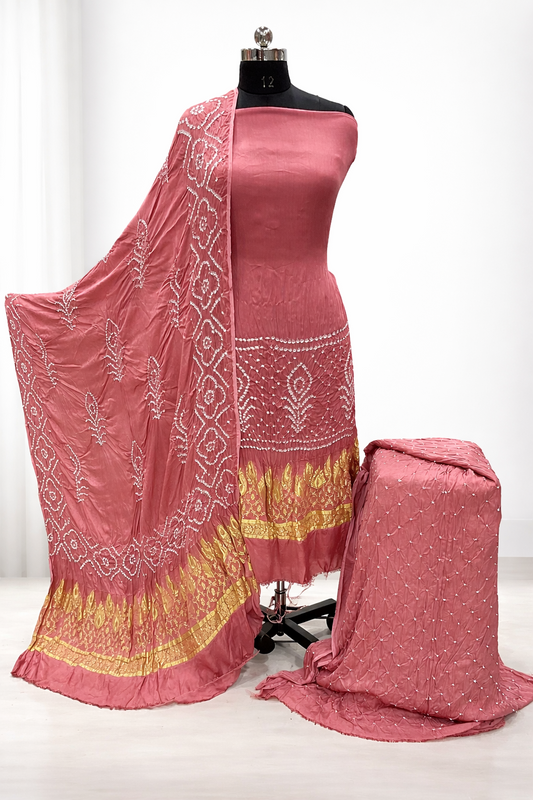 Modal Silk Authentic Hand Rai Bandhej Work Jamnagar Silk Bandhani Dress Material