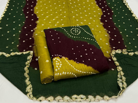 Cotton Satin V Pattern Multi Color Hand Crafted Kutch Bandhani Dress Material (Unstitched)