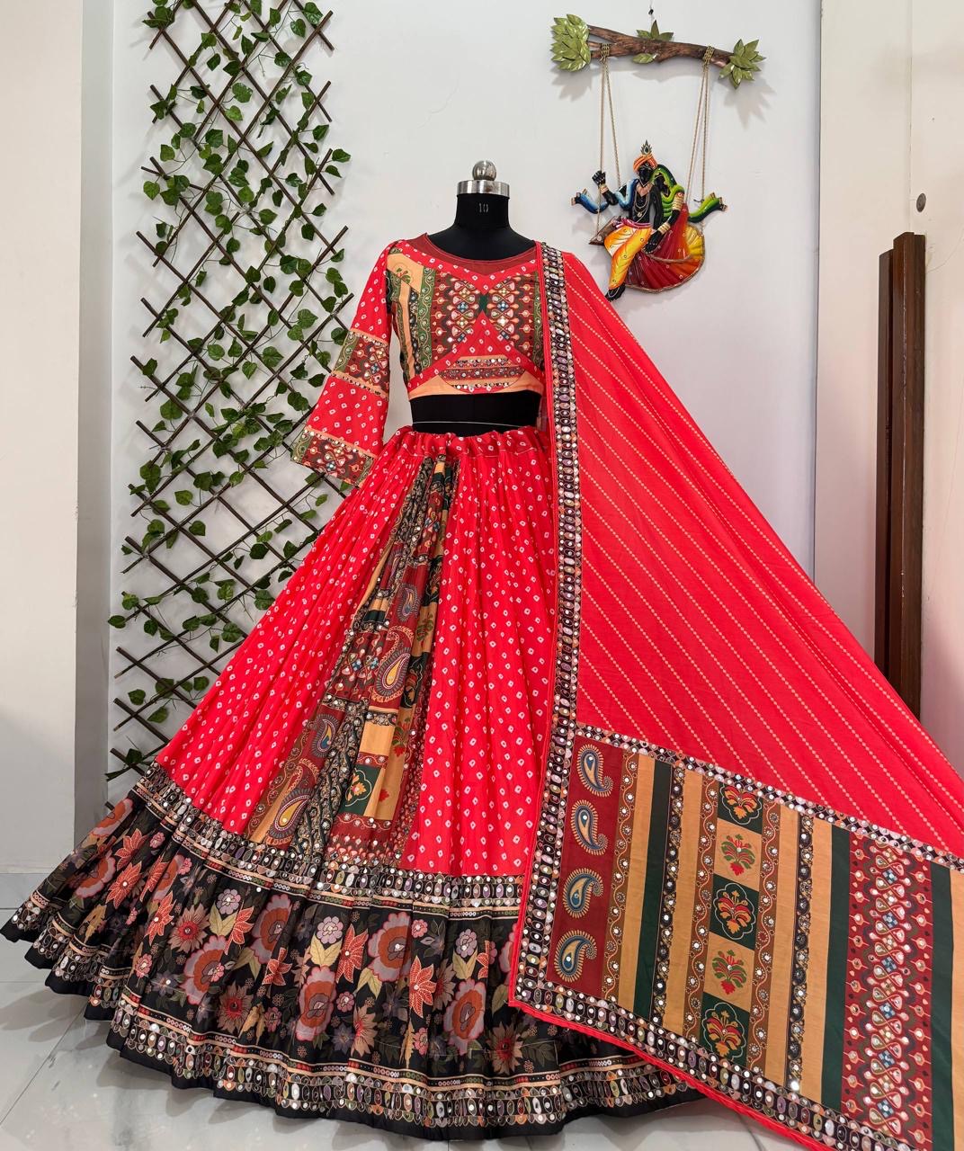 Muslin Digital Print Navratri Designer Chaniya Choli Set | Mirror Work | Free Size 38-44