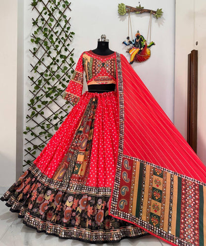 Muslin Digital Print Navratri Designer Chaniya Choli Set | Mirror Work | Free Size 38-44