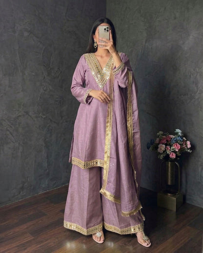 Shimmer Silk Mirror Work 3Pc Designer Kurti Pant Dupatta Set