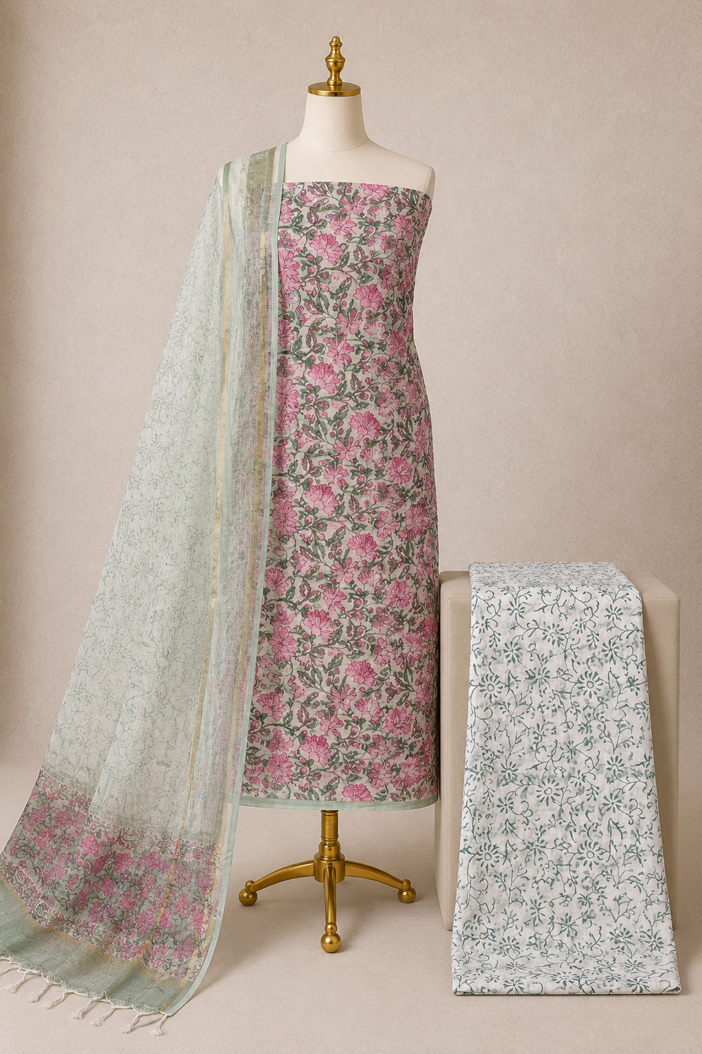 Authentic Kota Doria 100% hand block print unstitched 3-piece dress material with top, bottom and dupatta