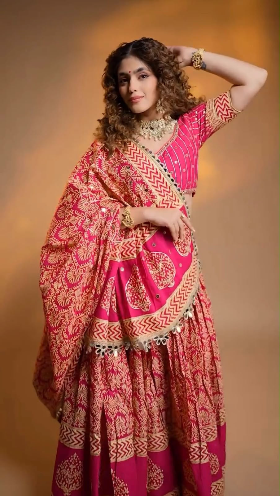 Printed Mirror Work Rayon Chaniya Choli - close-up of mirror work