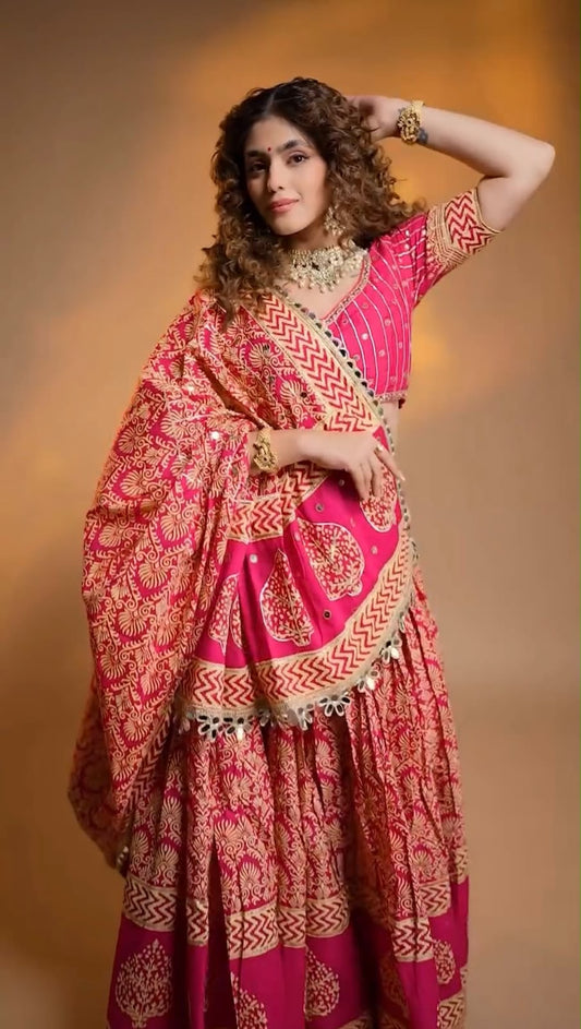 Printed Mirror Work Rayon Chaniya Choli - close-up of mirror work