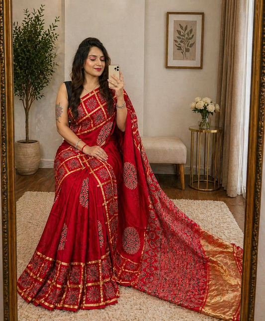 Modal Silk Golden Chex with Block Print Ajrakh Work Saree