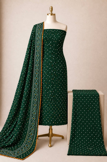 Cotton Satin Self Color 3Pc Kutch Unstitched Bandhani Dress Material