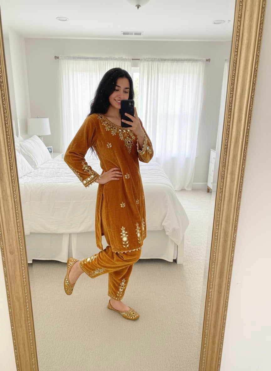 Ethenika Real Mirror Work Velvet Cord Set