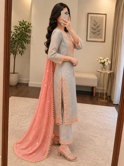 Sequence Zari Weaving Embroidery With Latkan Designer 3Pc Kurti Pant Dupatta Set