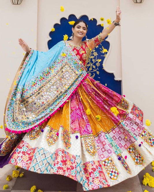 Muslin Digital Print with Mirror Work Designer Chaniya Choli for Navratri Dandiya
