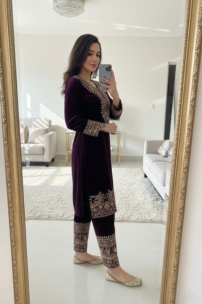 Zari Embroidery Work Ready to Wear Velvet Kurti Pant Set