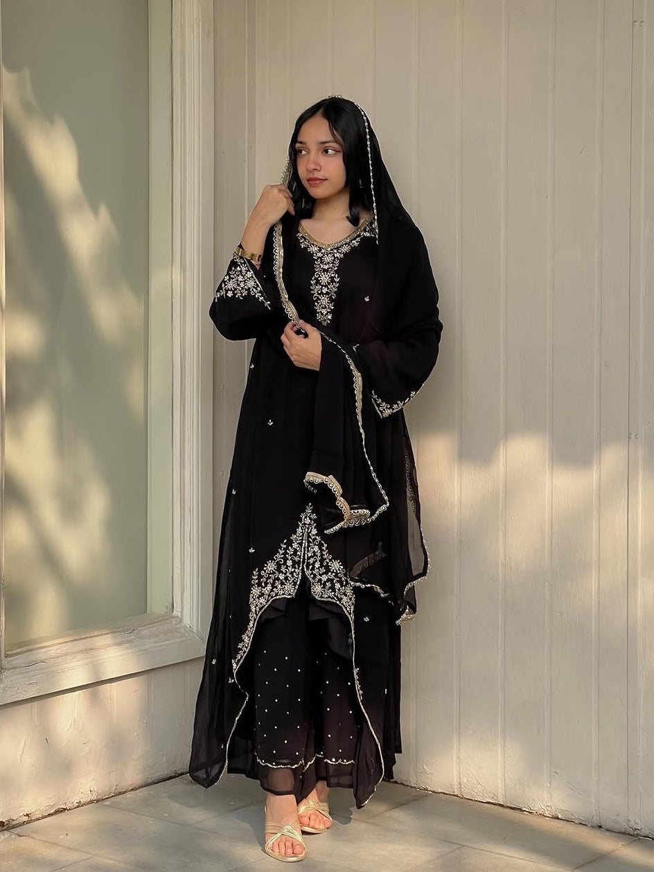 Faux Georgette Designer Ready Wear Kurti Pallazo Dupatta Set