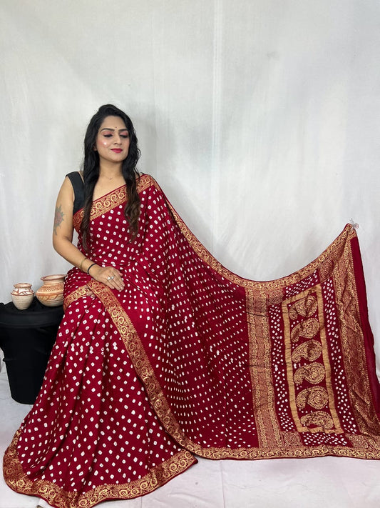 Modal Silk Authentic Hand Crafted Bandhani Saree with Nakshi Border