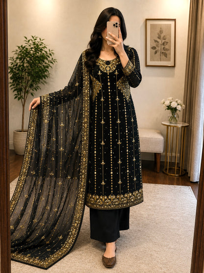 Faux Georgette Zari Embroidery Kurti Pant Dupatta Set