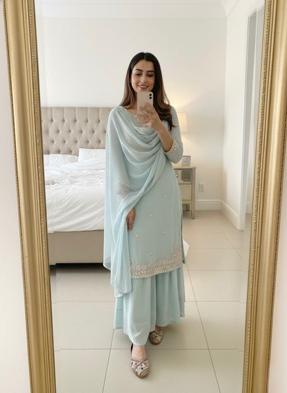 Faux Georgette Sequence Embroidery Work Designer Kurti Palazzo Dupatta Set (Ready to Wear)