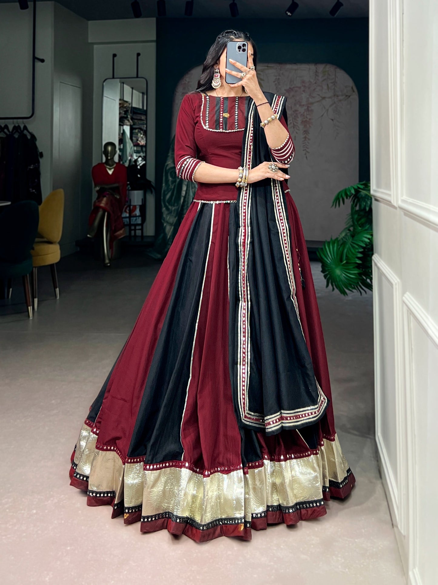 Chinon golden patta work designer Chaniya Choli set for Navratri - ready-to-wear lehenga, blouse and dupatta, front view