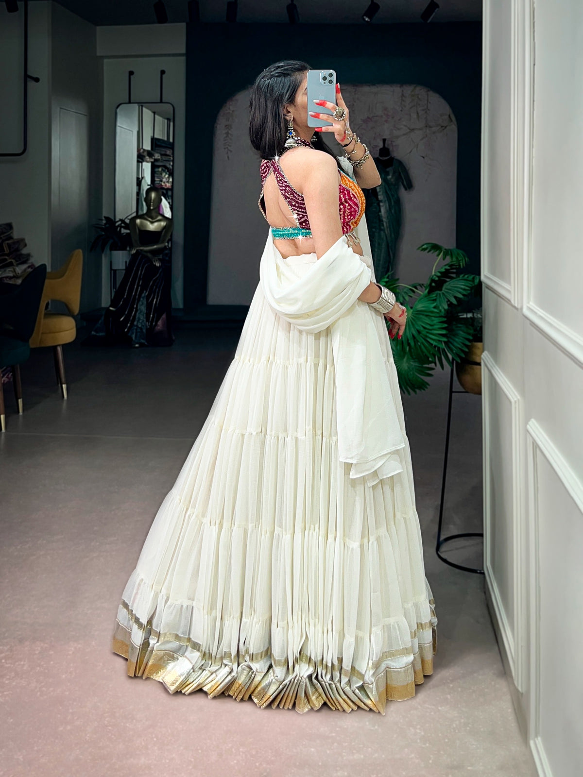 White Bandhani Mirror Work Chaniya Choli - blouse detail