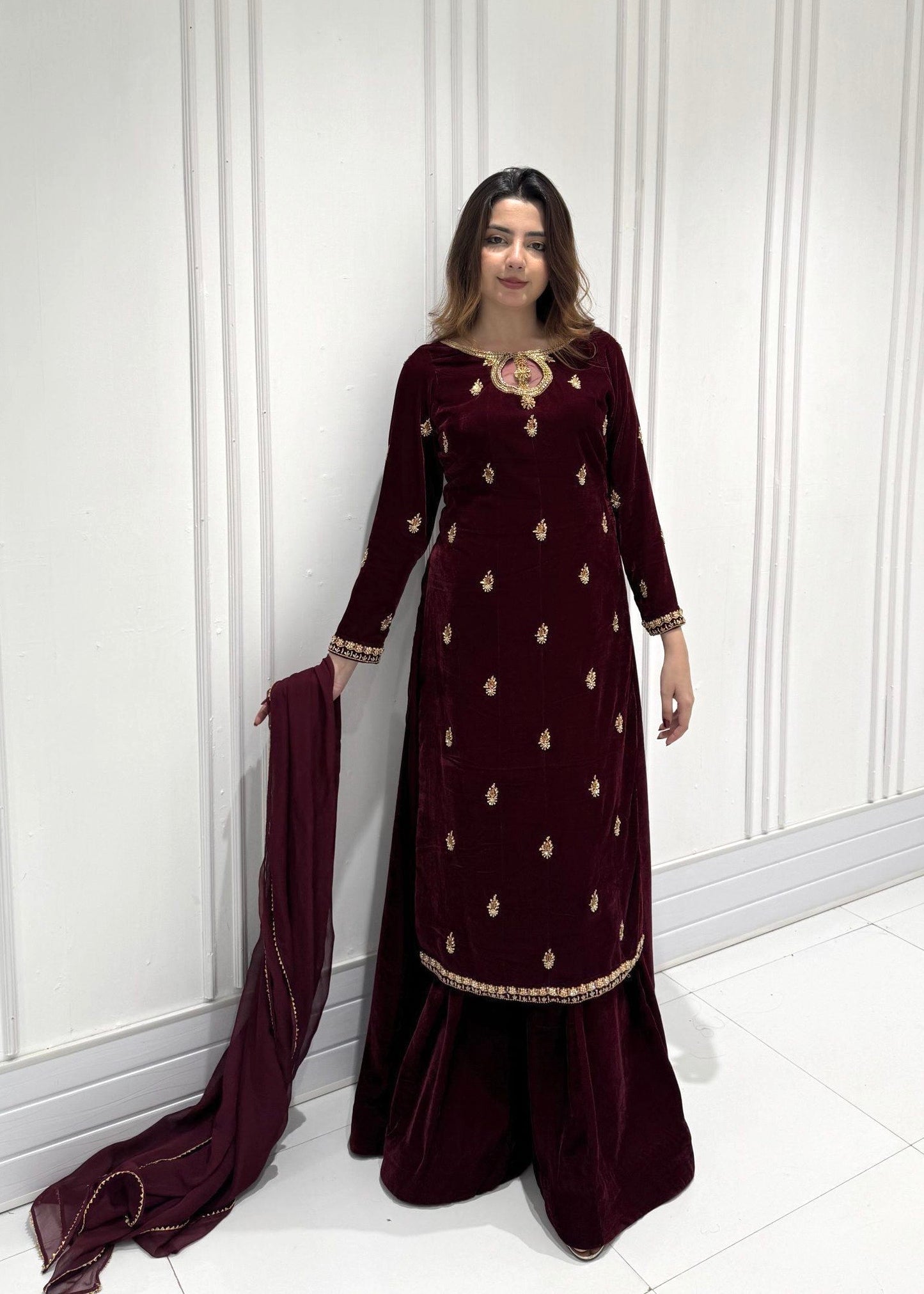 Ethenika Originals Sequence Embroidery Work Velvet Kurti Palazzo Dupatta Set (Ready To Wear)