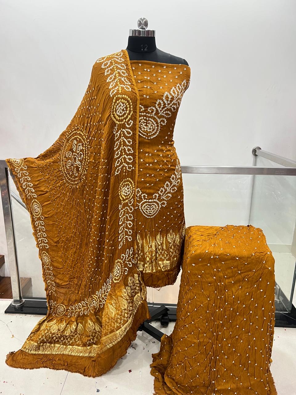 Modal Silk Original Jamnagar Hand Crafted Bandhej Work Bandhani Dress Material (Unstitched)