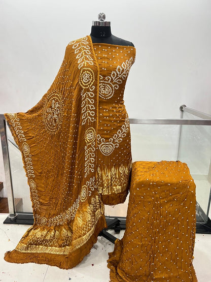 Modal Silk Original Jamnagar Hand Crafted Bandhej Work Bandhani Dress Material (Unstitched)