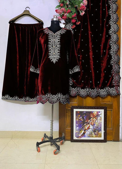 Sequence Neck Embroidery Work Winter Special Designer Velvet Kurti Pant Dupatta Set (Ready to Wear)