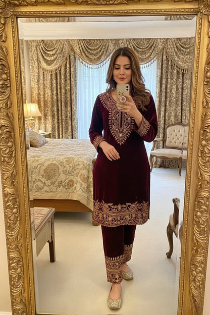 Zari Embroidery Work Ready to Wear Velvet Kurti Pant Set