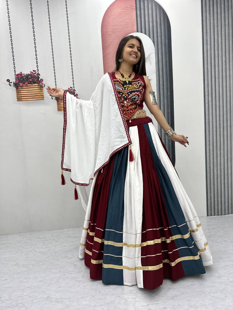 Rayon mirror and Gamthi work designer Chaniya Choli for Navratri, front view