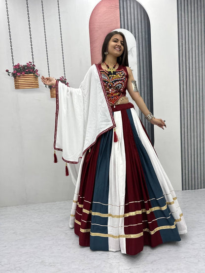 Rayon mirror and Gamthi work designer Chaniya Choli for Navratri, front view