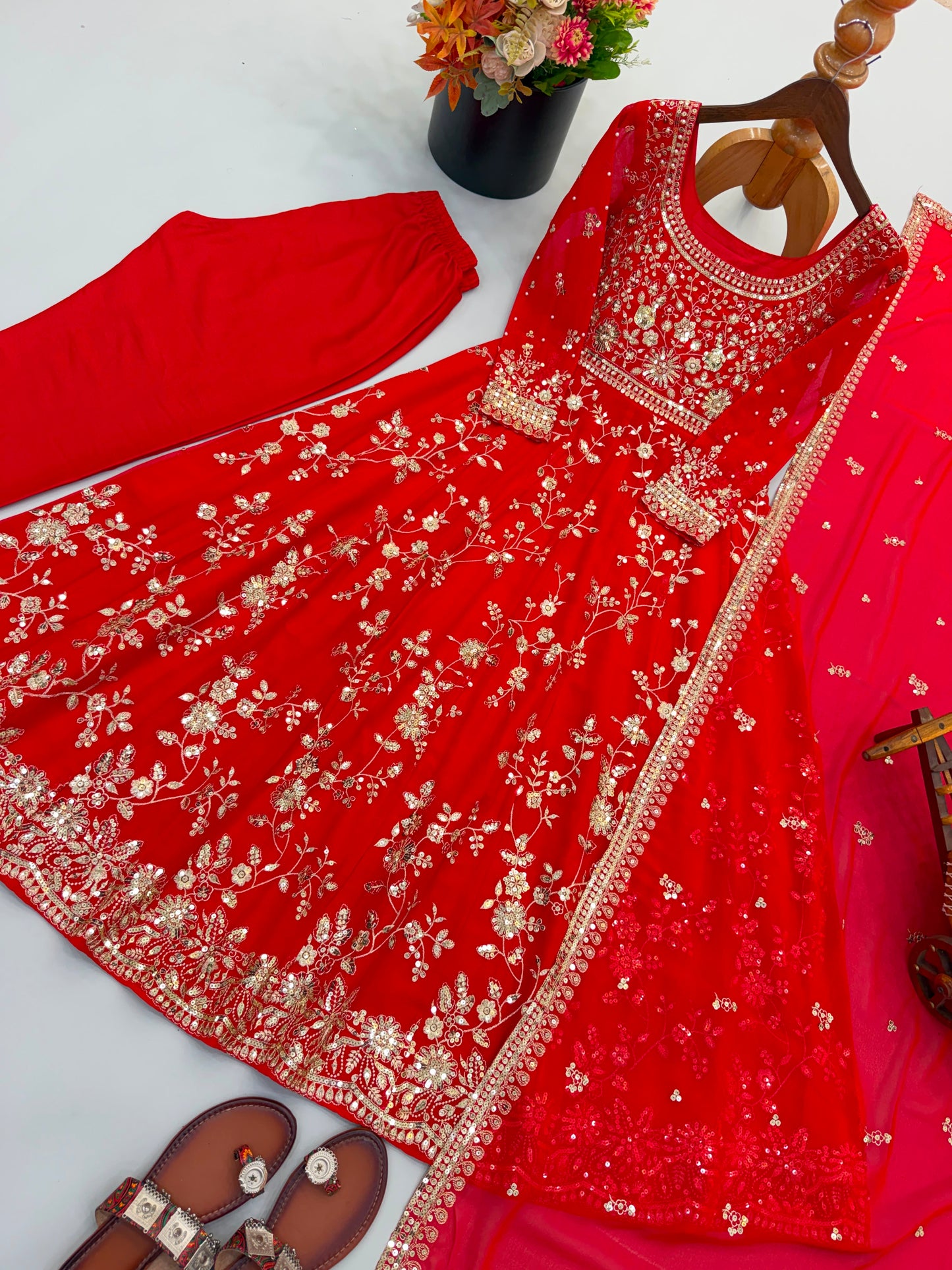 Georgette Sequence Embroidery Work Ready to Wear Gown Pant Dupatta Set