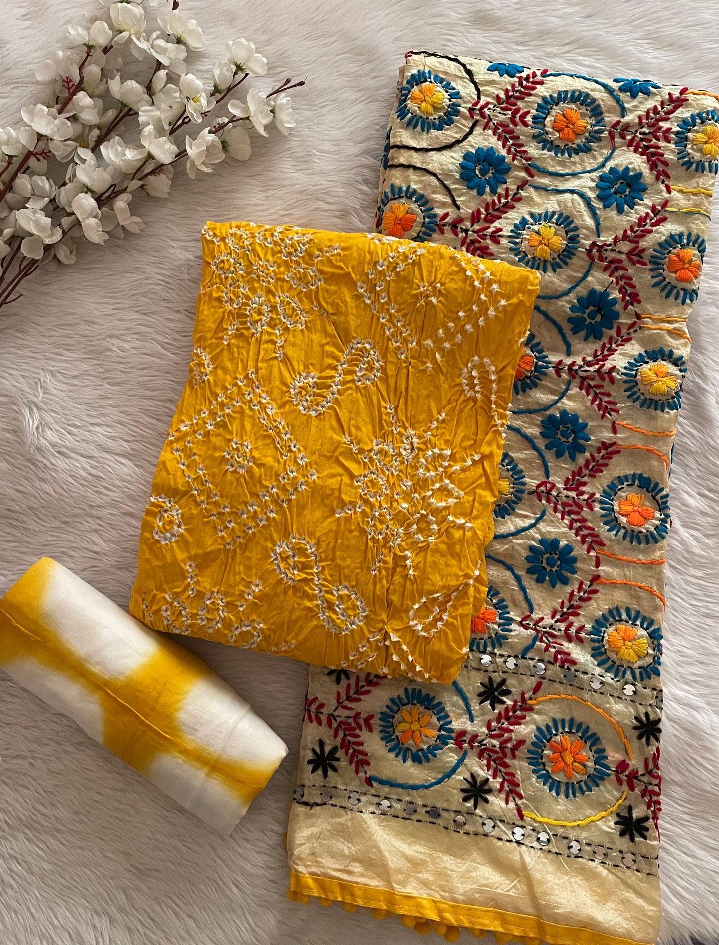 Cotton Kutch Hand Crafted Kutch Bandhani With Phulkari Dupatta Bandhani Dress Material (Unstitched) - Premium  from Ethenika.com  - Just INR 2990! Shop now at Ethenika.com 